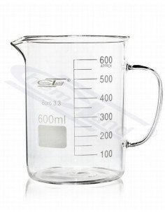 Zemās formas laboratorijas vārglāze ar rokturi un snīpi, 1000 ml