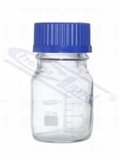 Laboratorijas stikla pudele ar zilu skrūvējamu vāku, 100 ml